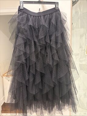 Anthropologie Black Layered Polka Dot Tulle Midi Skirt